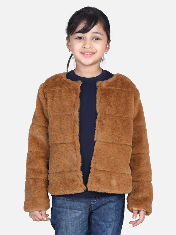 Girls Brown Faux Fur Open Jacket