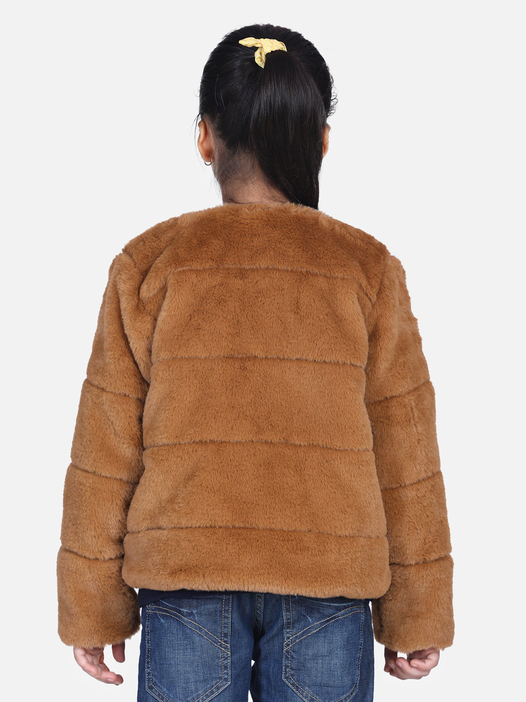 Girls Brown Faux Fur Open Jacket