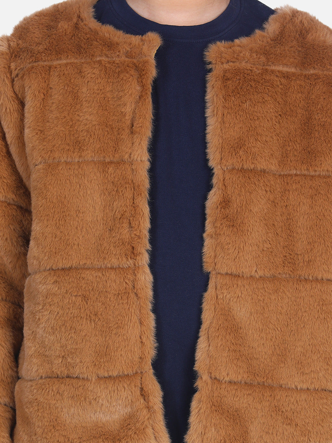 Girls Brown Faux Fur Open Jacket