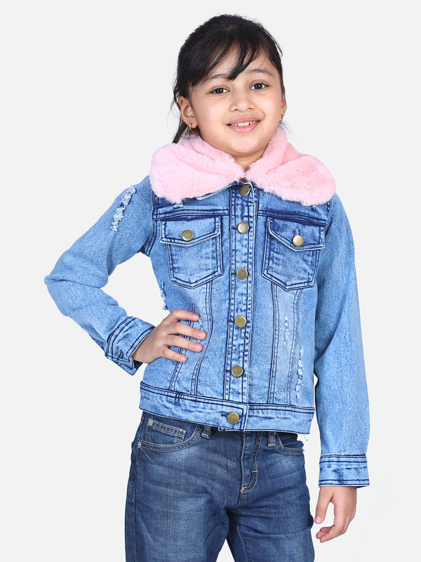 Girls Distressed Denim Jacket with Detachable Faux Fur Collar