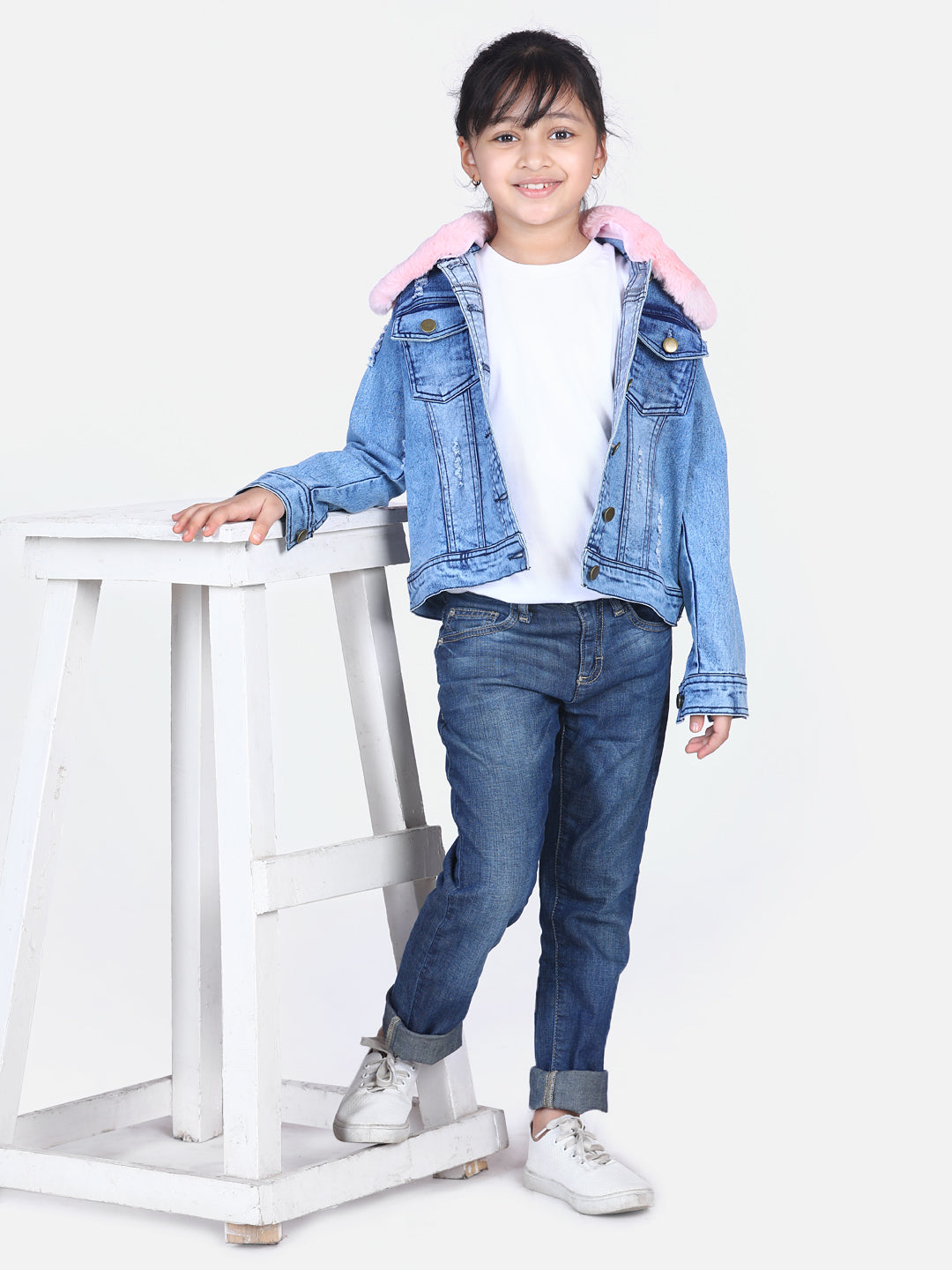 Girls Distressed Denim Jacket with Detachable Faux Fur Collar