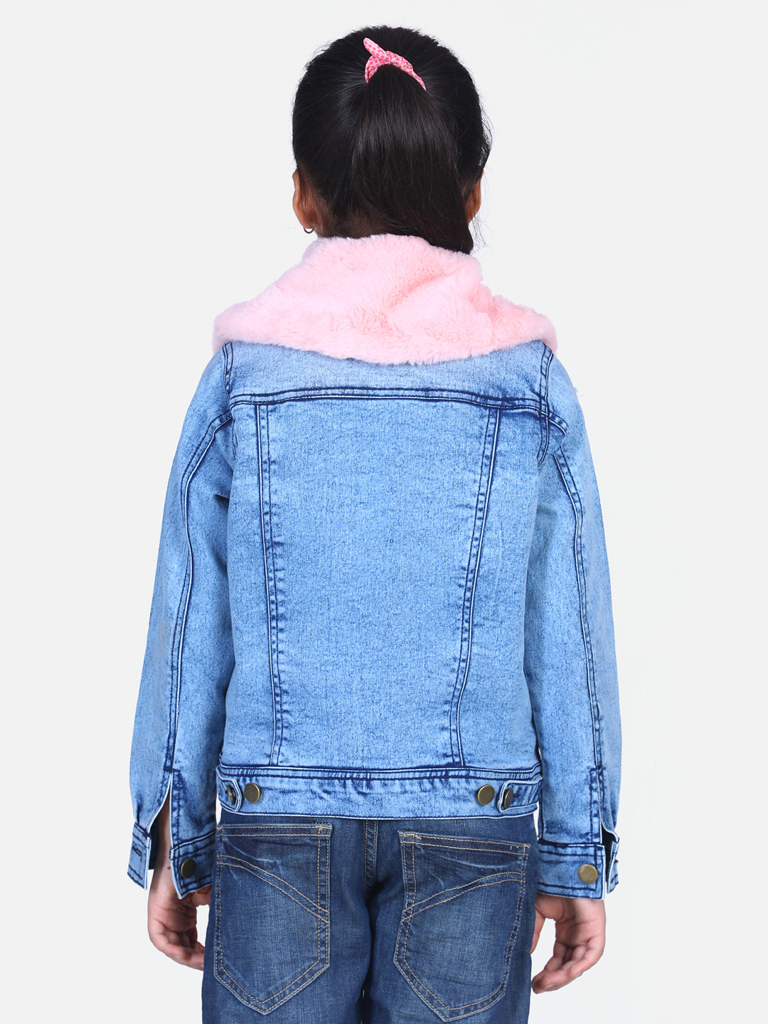 Girls Distressed Denim Jacket with Detachable Faux Fur Collar