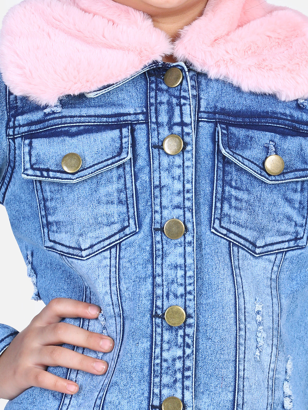 Girls Distressed Denim Jacket with Detachable Faux Fur Collar