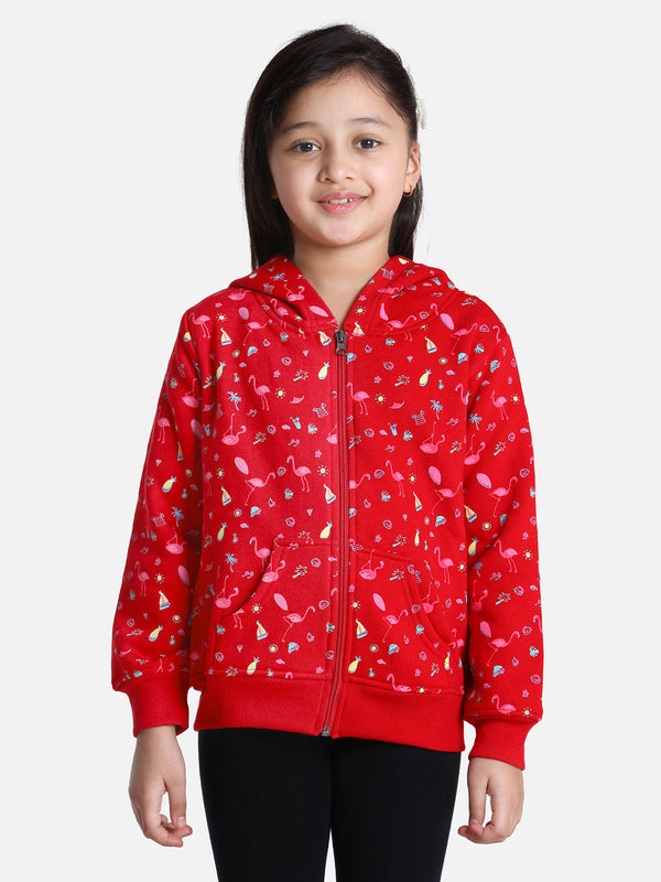 Girls Red Flamingo Printed Jacket with Hoodie