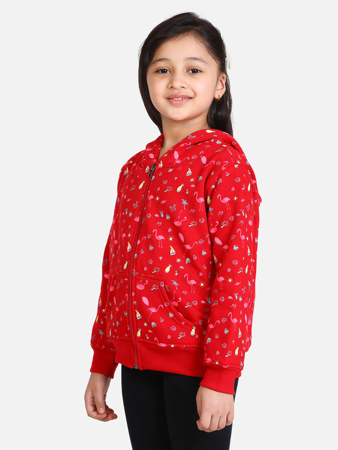 Girls Red Flamingo Printed Jacket with Hoodie