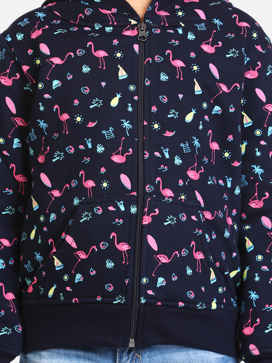 Girls Navy Flamingo Printed Jacket with Hoodie