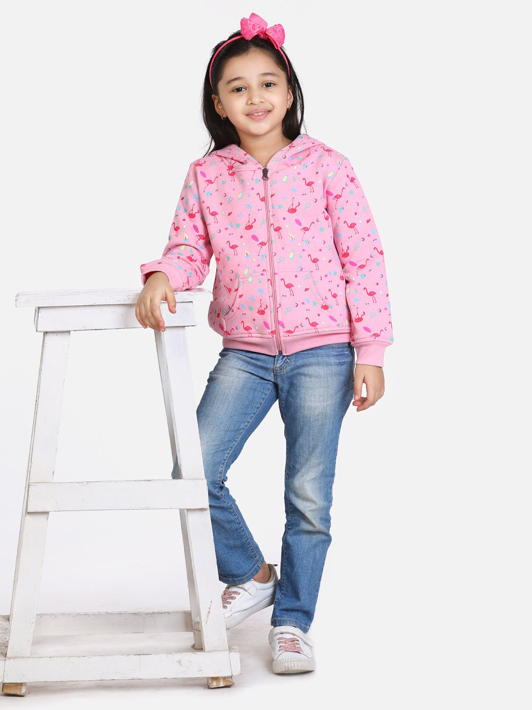 Girls Light Pink Flamingo Printed Jacket with Hoodie