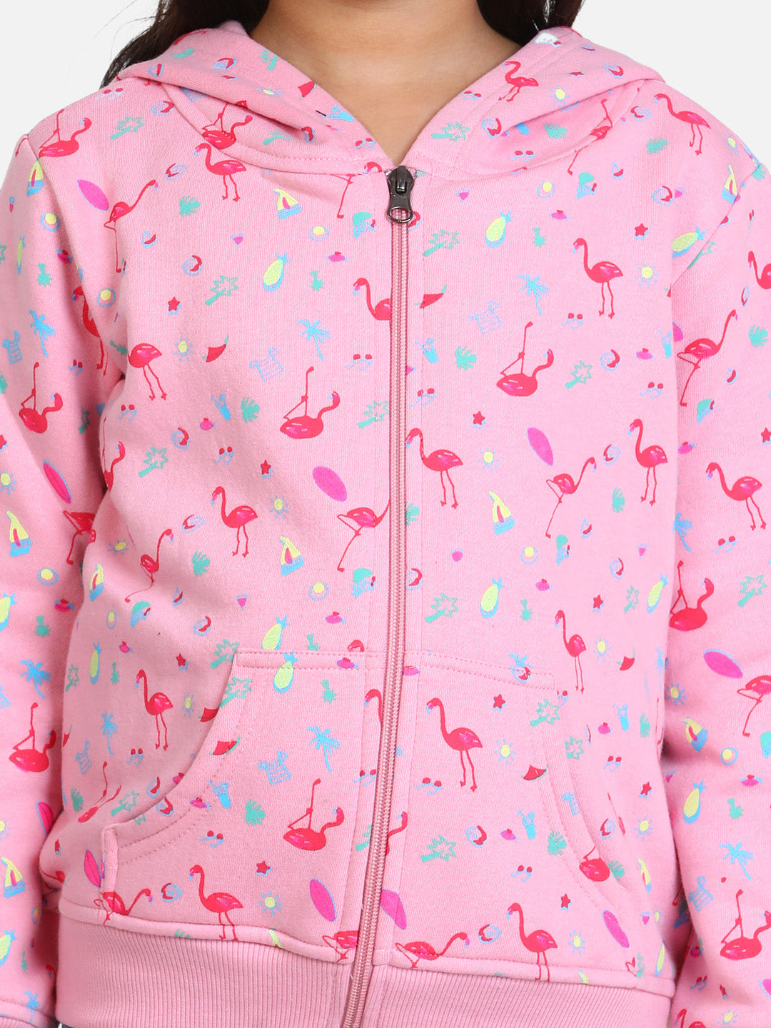 Girls Light Pink Flamingo Printed Jacket with Hoodie