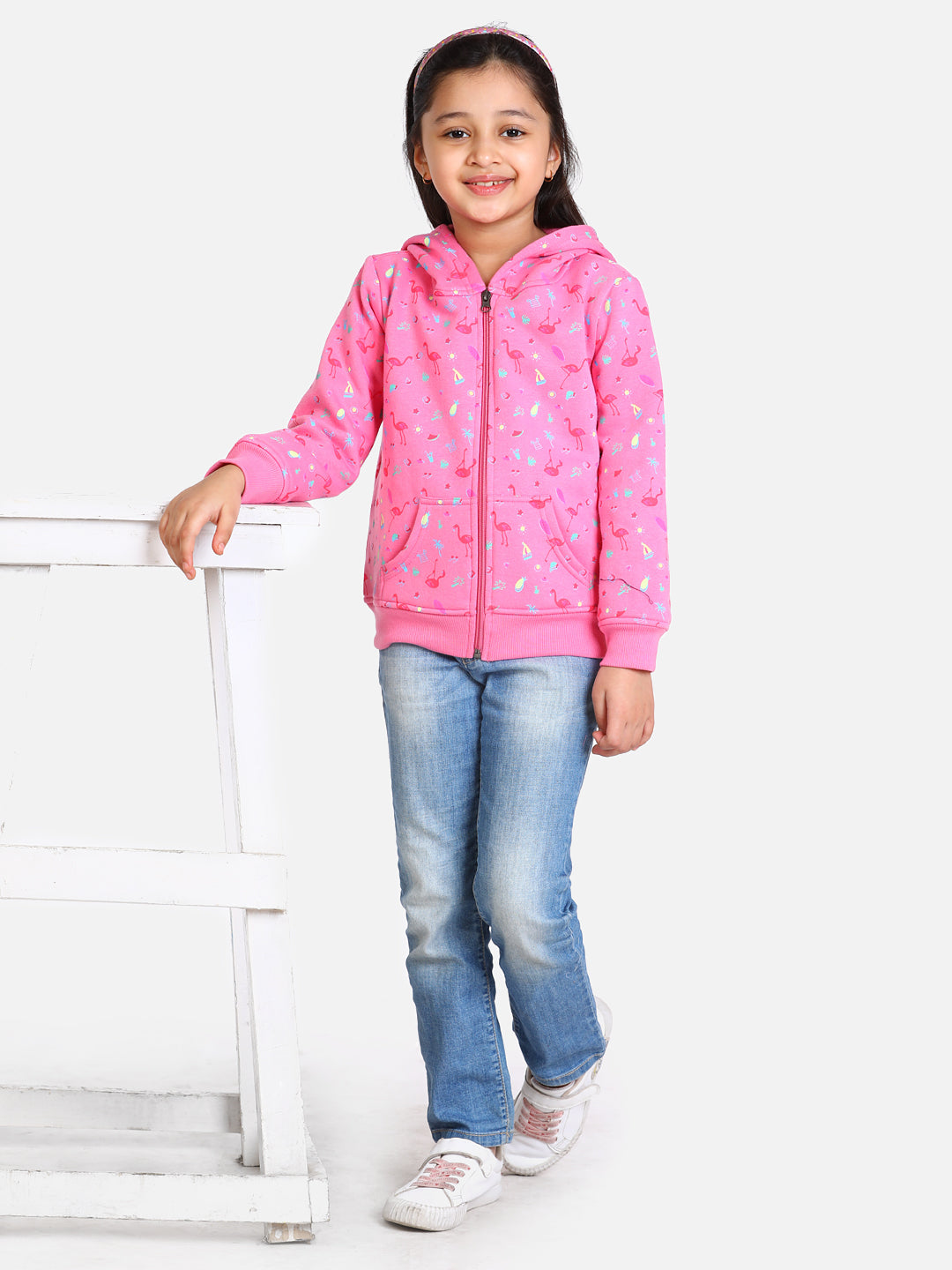 Girls Fuschia Pink Flamingo Printed Jacket with Hoodie