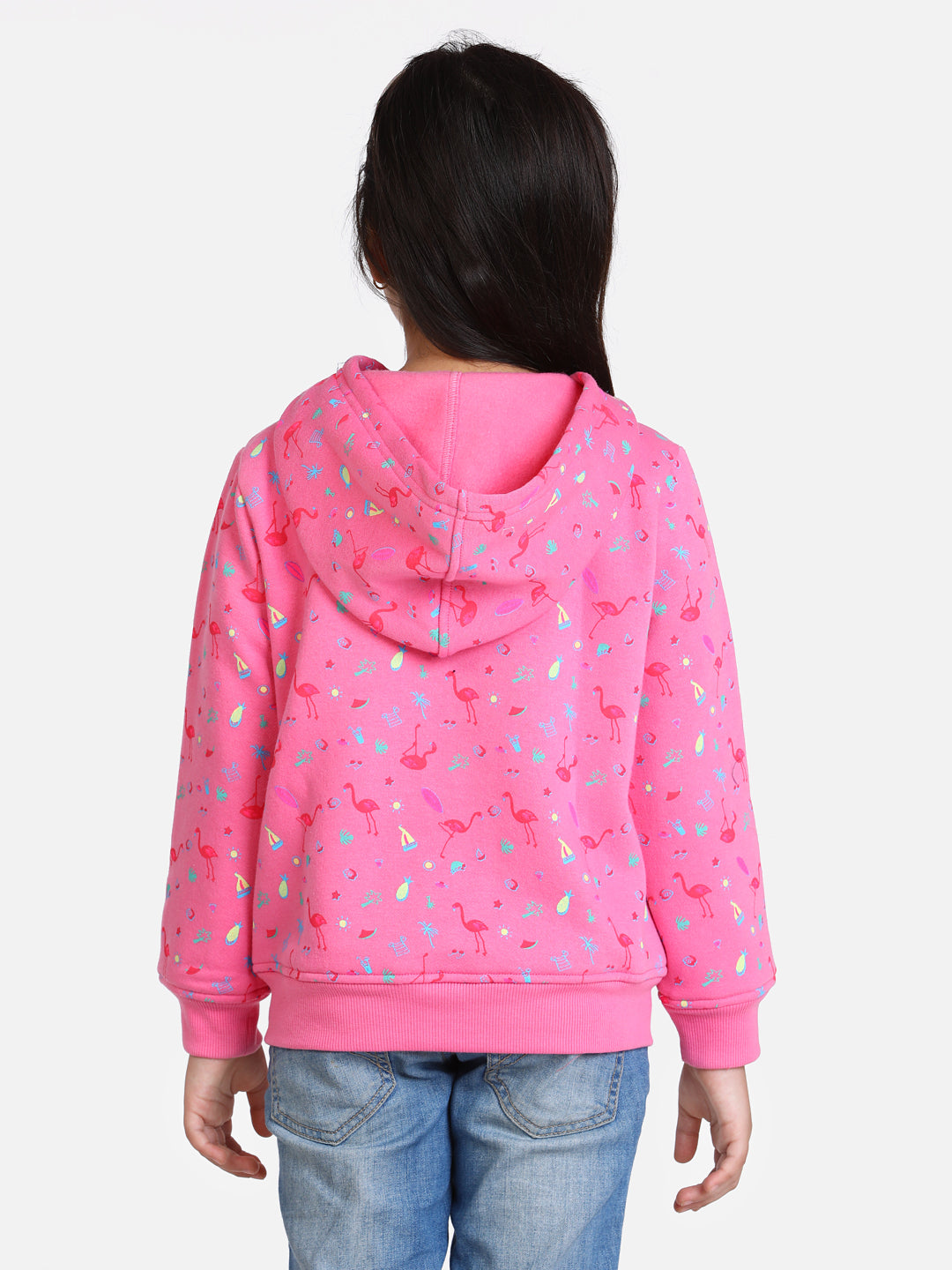 Girls Fuschia Pink Flamingo Printed Jacket with Hoodie
