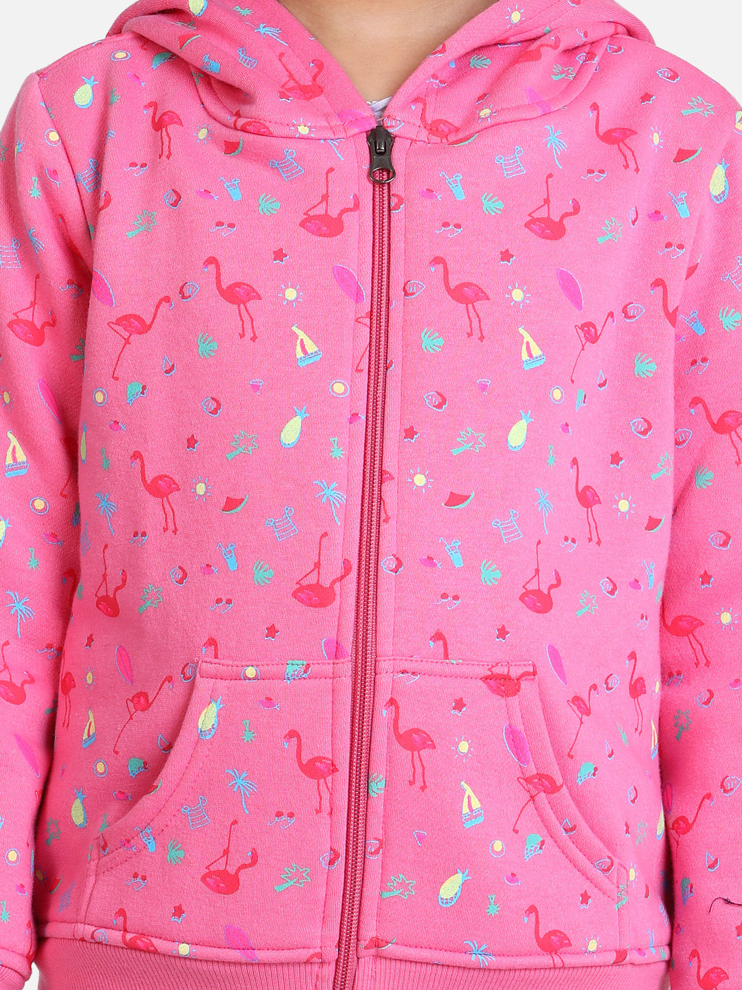 Girls Fuschia Pink Flamingo Printed Jacket with Hoodie