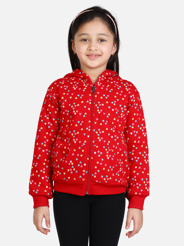 Girls Red Heart Printed Jacket with Hoodie