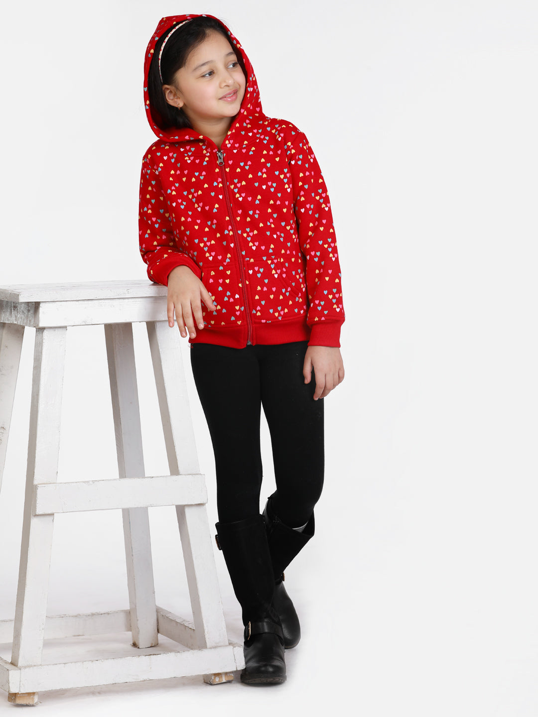 Girls Red Heart Printed Jacket with Hoodie