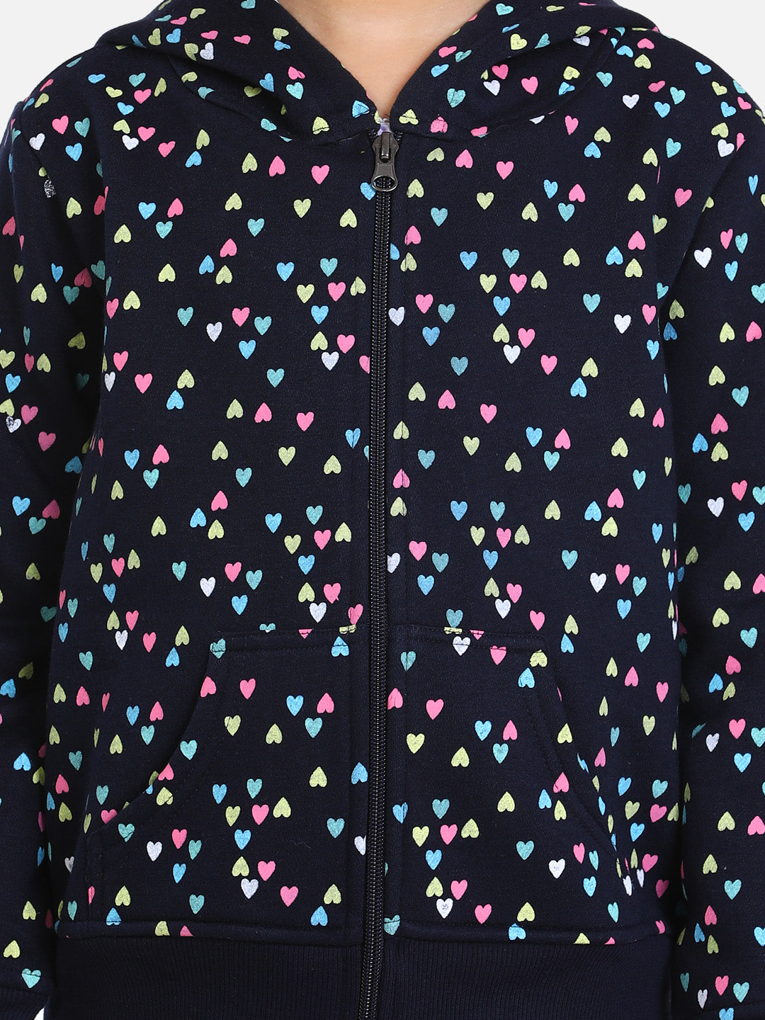 Girls Navy  Heart Printed Jacket with Hoodie