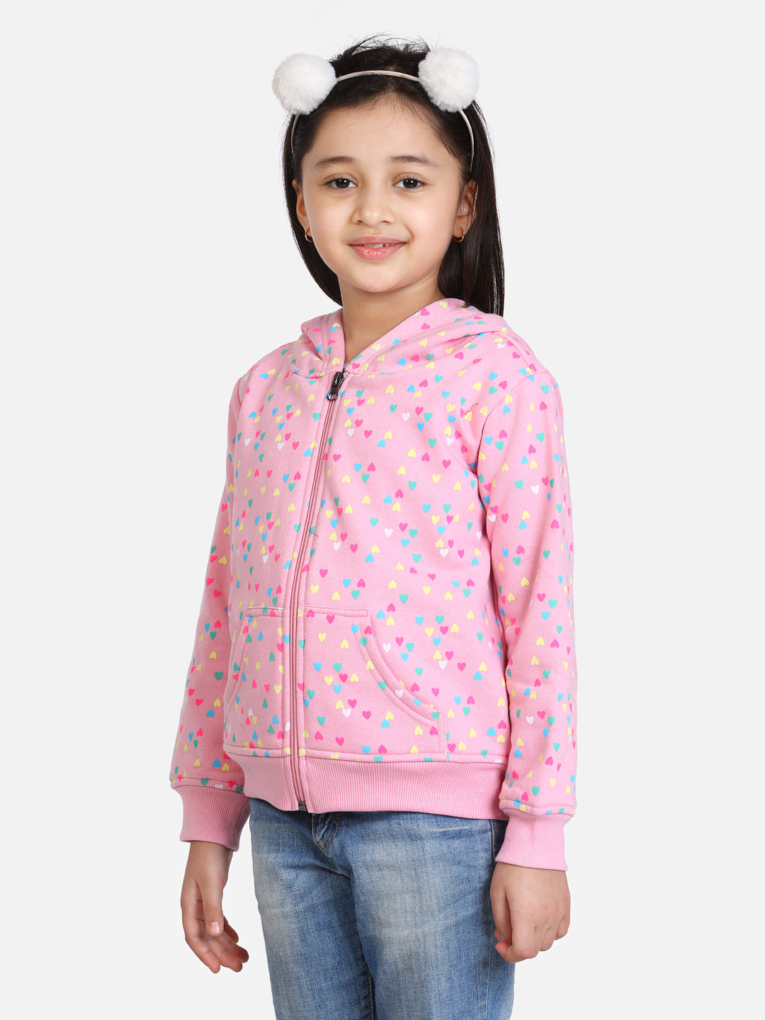 Girls Light Pink  Heart Printed Jacket with Hoodie