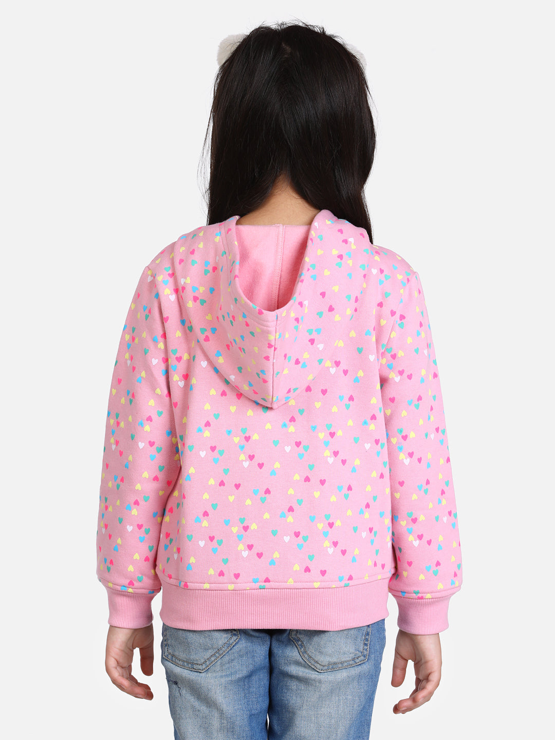 Girls Light Pink  Heart Printed Jacket with Hoodie
