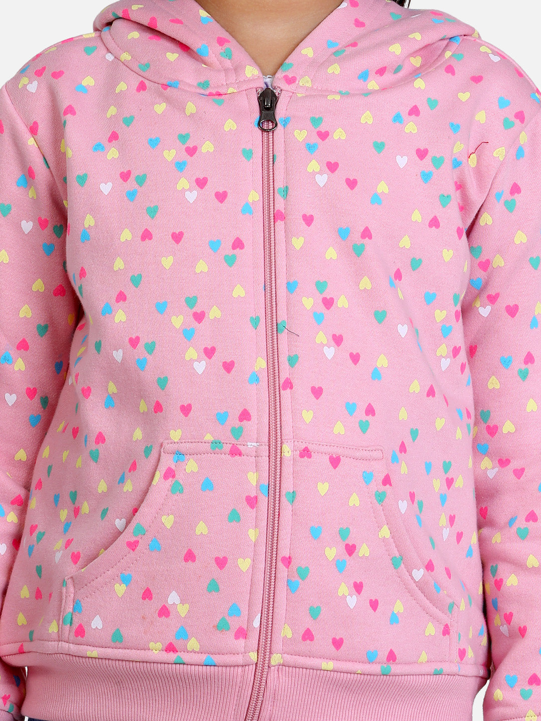 Girls Light Pink  Heart Printed Jacket with Hoodie