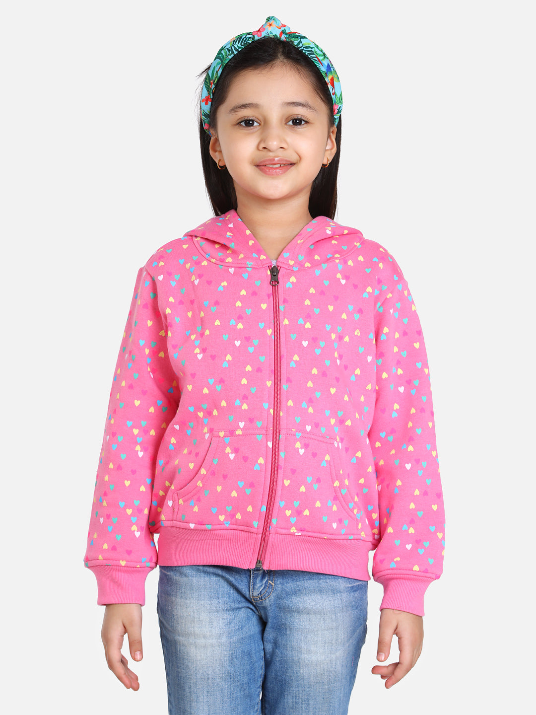Girls Light Pink  Heart Printed Jacket with Hoodie