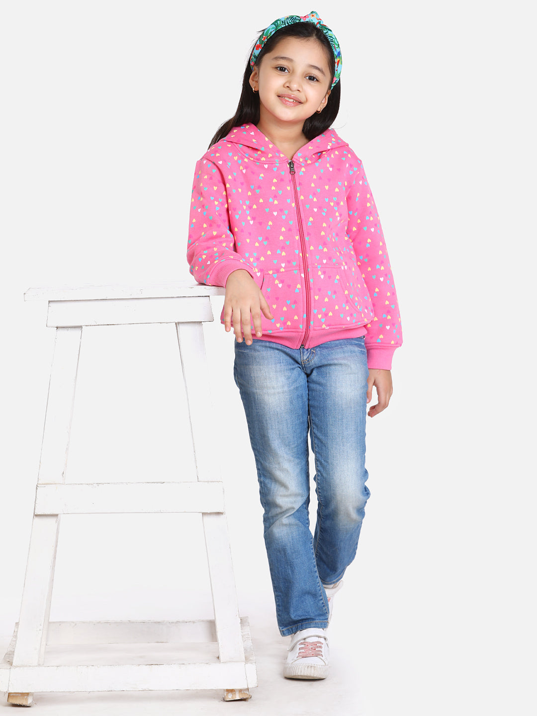Girls Light Pink  Heart Printed Jacket with Hoodie