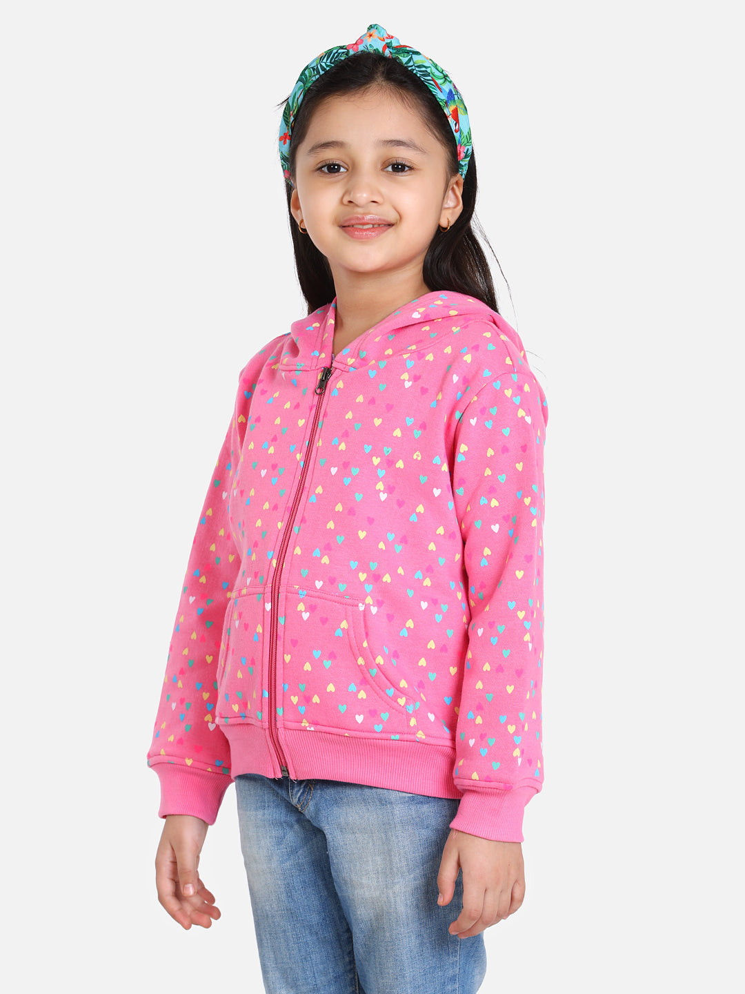Girls Light Pink  Heart Printed Jacket with Hoodie