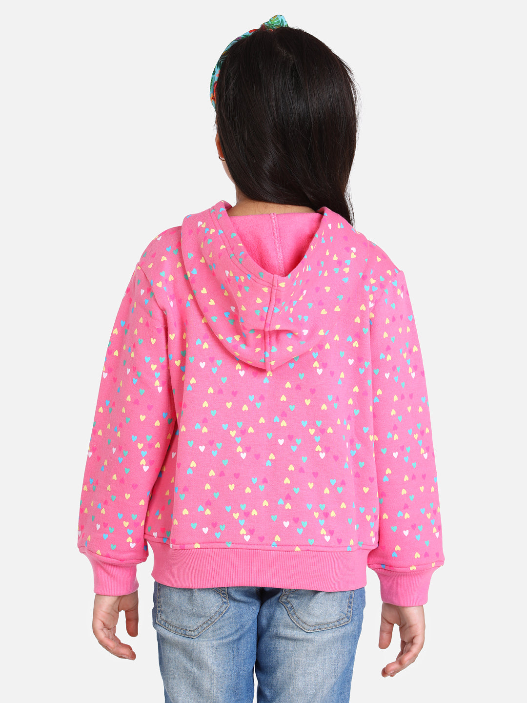 Girls Light Pink  Heart Printed Jacket with Hoodie