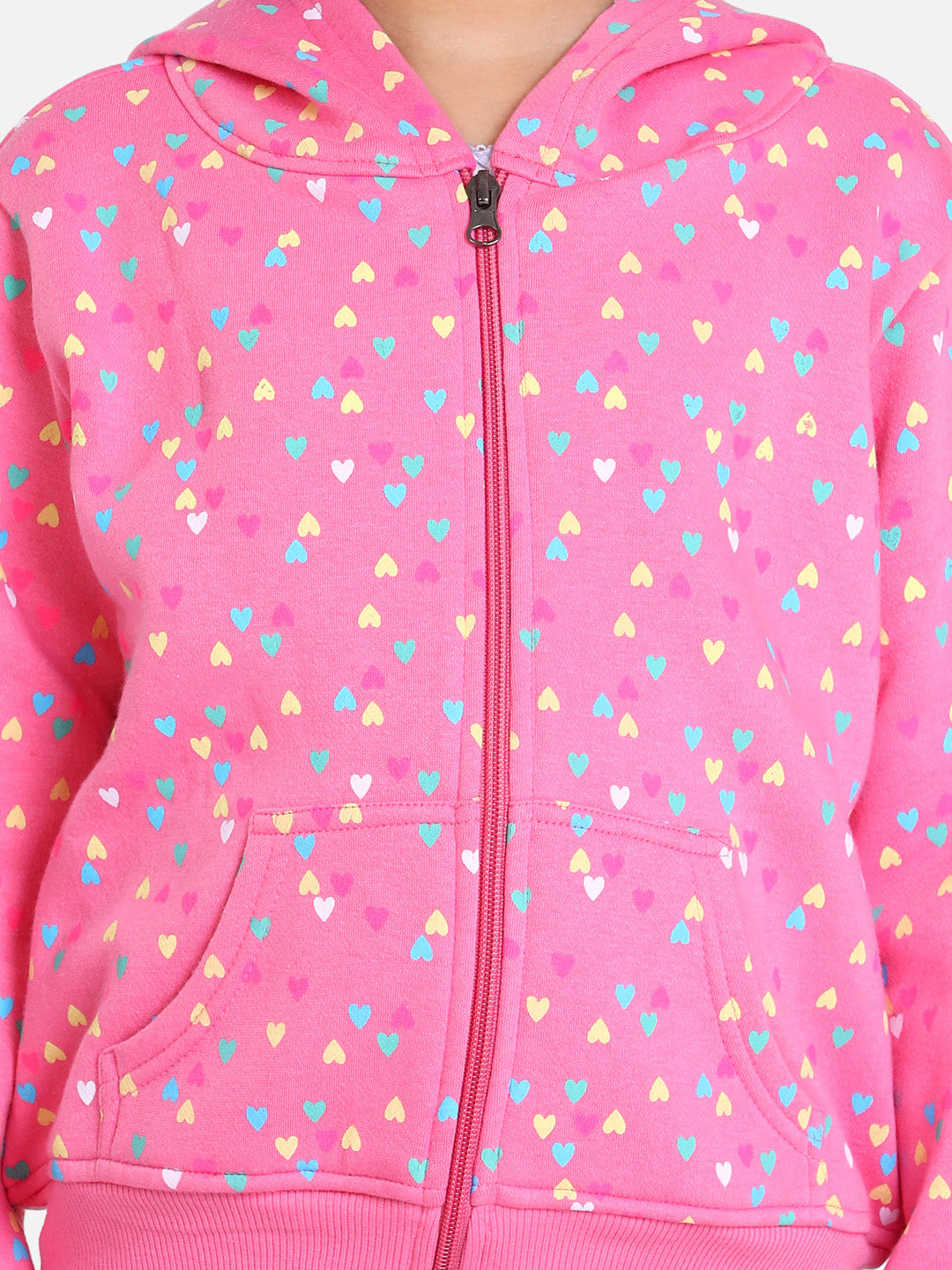 Girls Light Pink  Heart Printed Jacket with Hoodie