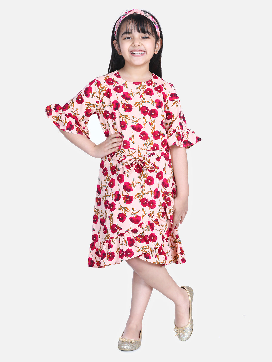 Girls Rose Print Floral Dress with Bell Sleeve