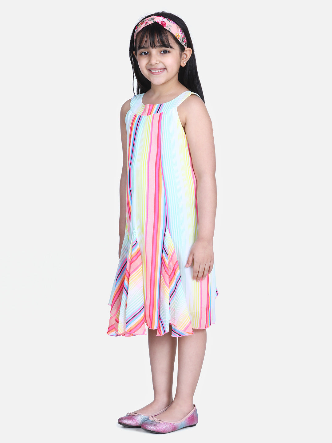 Girls Multi Colour Stripe Dress with Flap detail