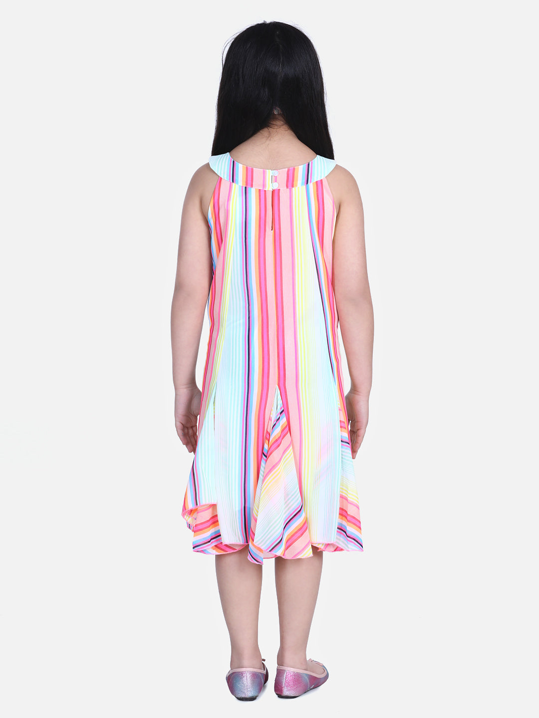 Girls Multi Colour Stripe Dress with Flap detail