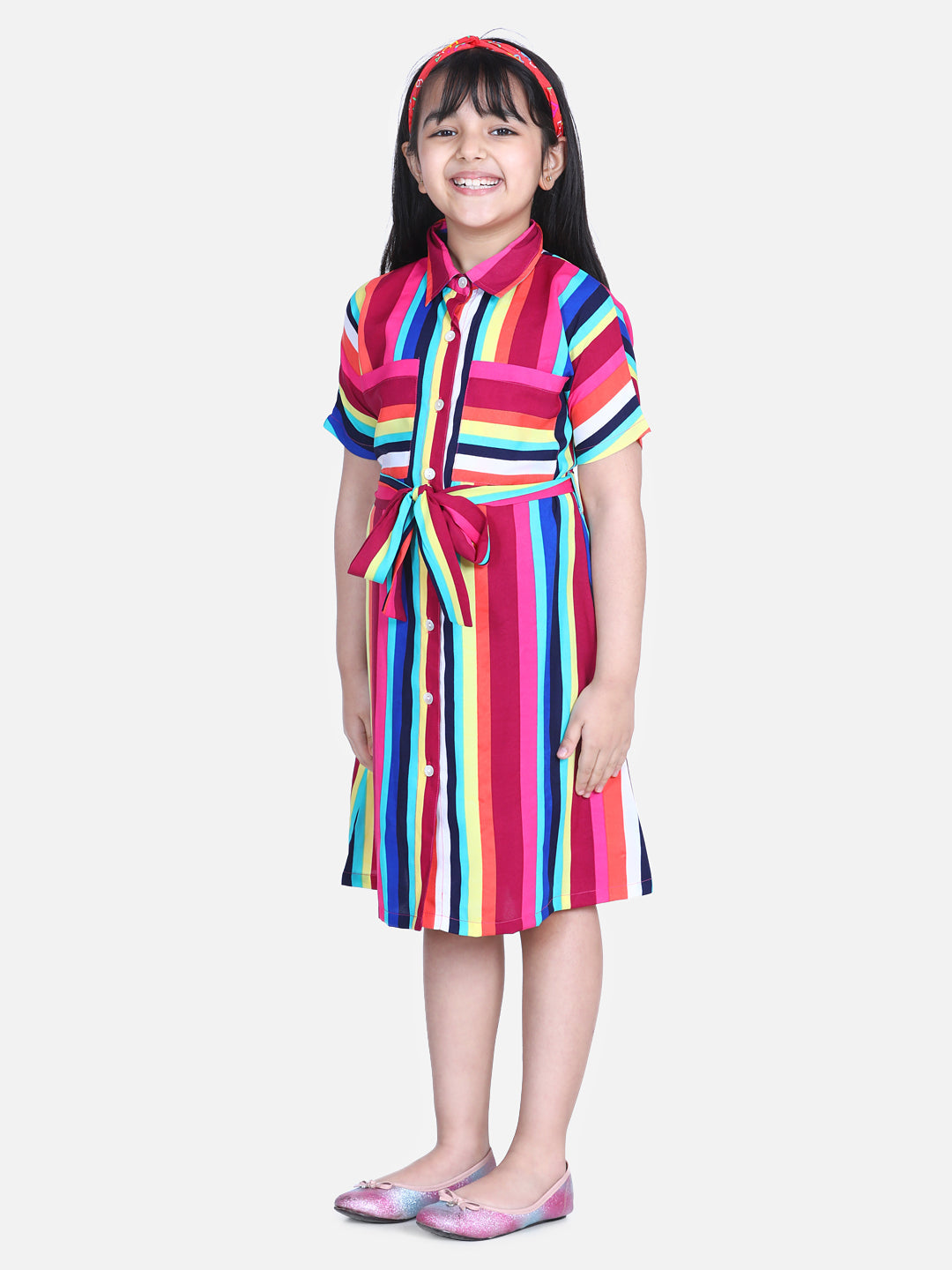 Girls Mutli Colour Stripe Dress with Belt