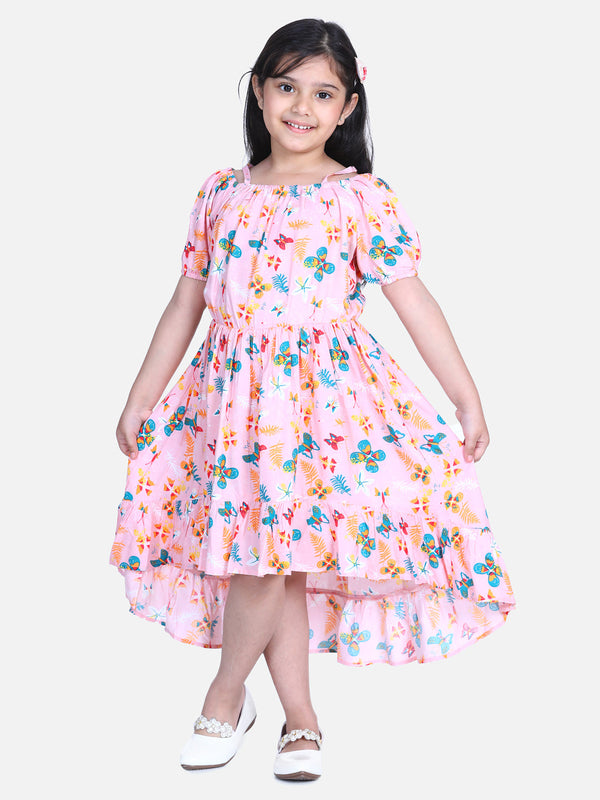 Girls Dark Pink Floral Hi Low Dress