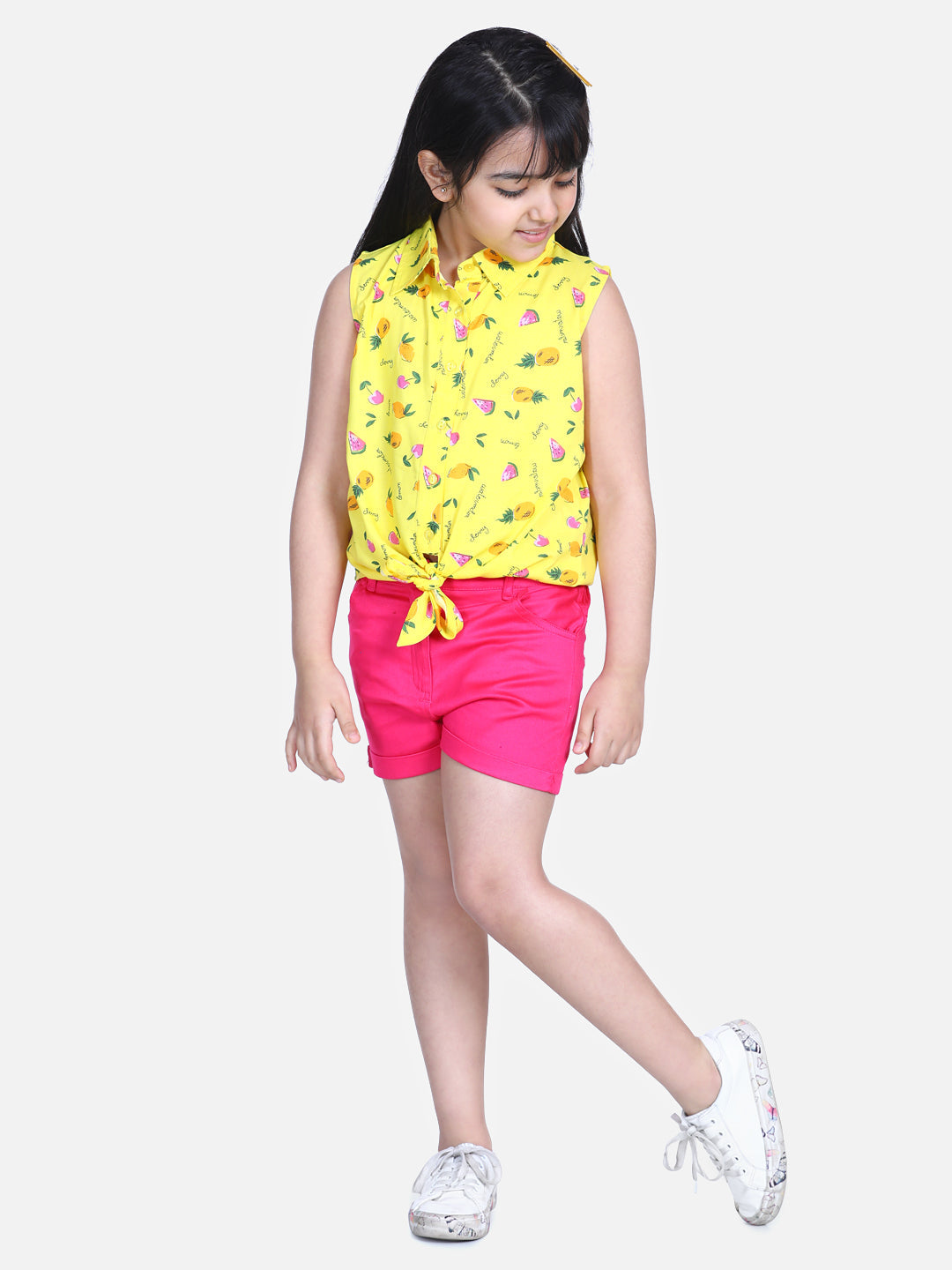 Girls Yellow  Printed Tie Knot Top with Pink Shorts