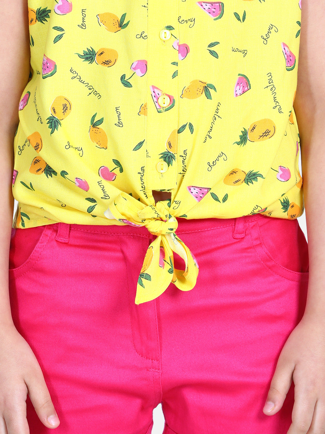 Girls Yellow  Printed Tie Knot Top with Pink Shorts