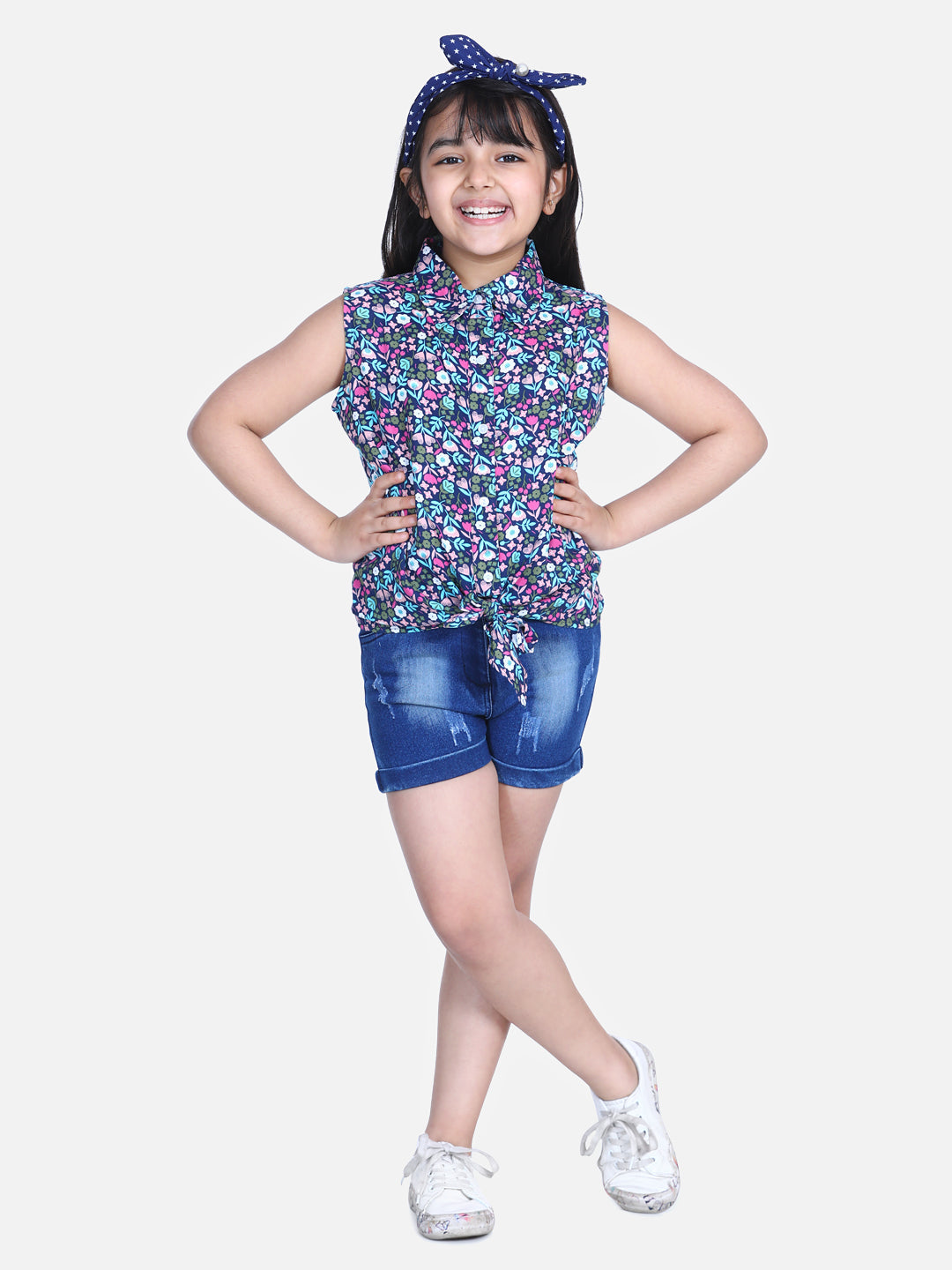 Girls Blue Printed Tie Knot Top with Denim Shorts