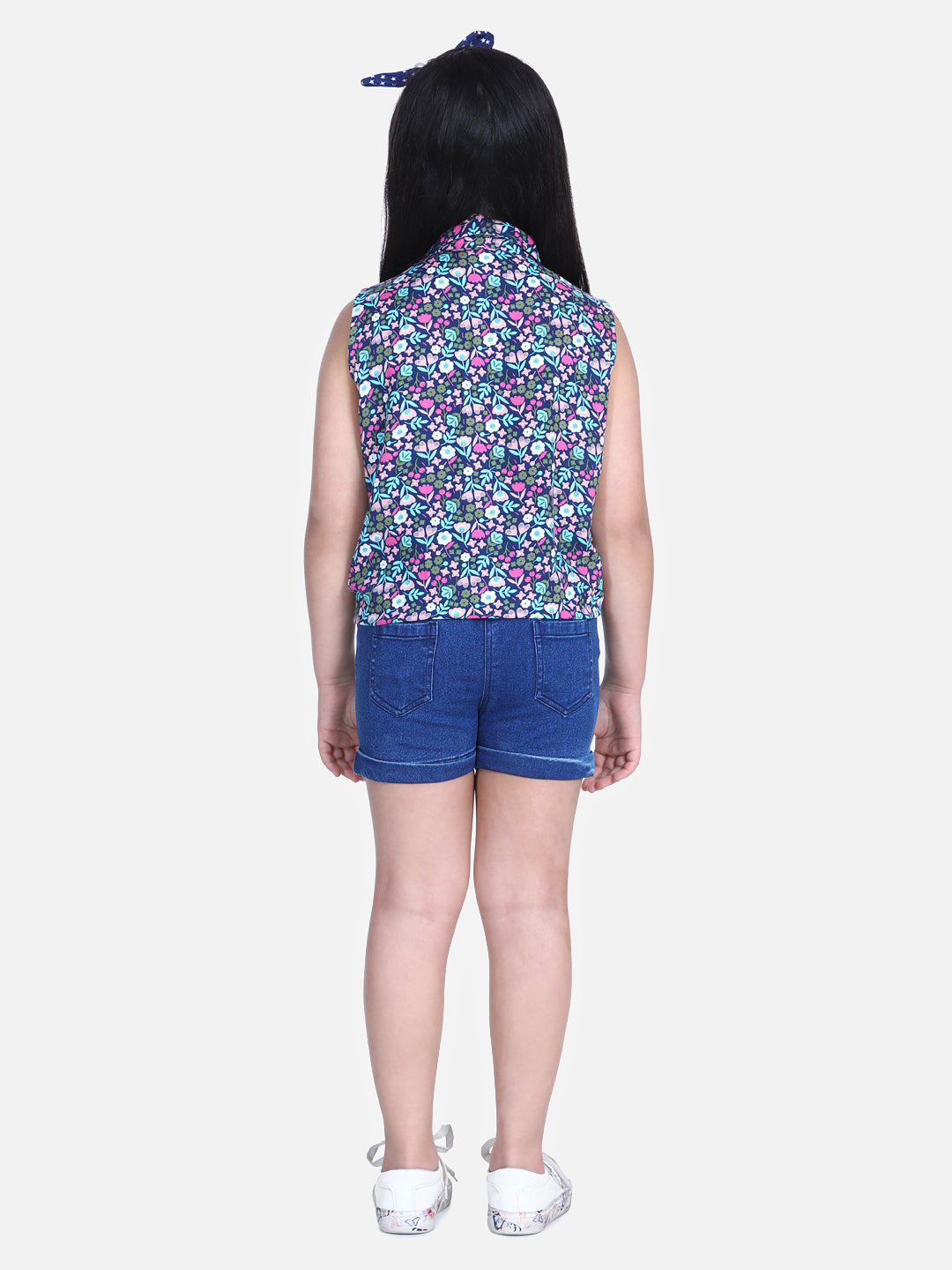 Girls Blue Printed Tie Knot Top with Denim Shorts