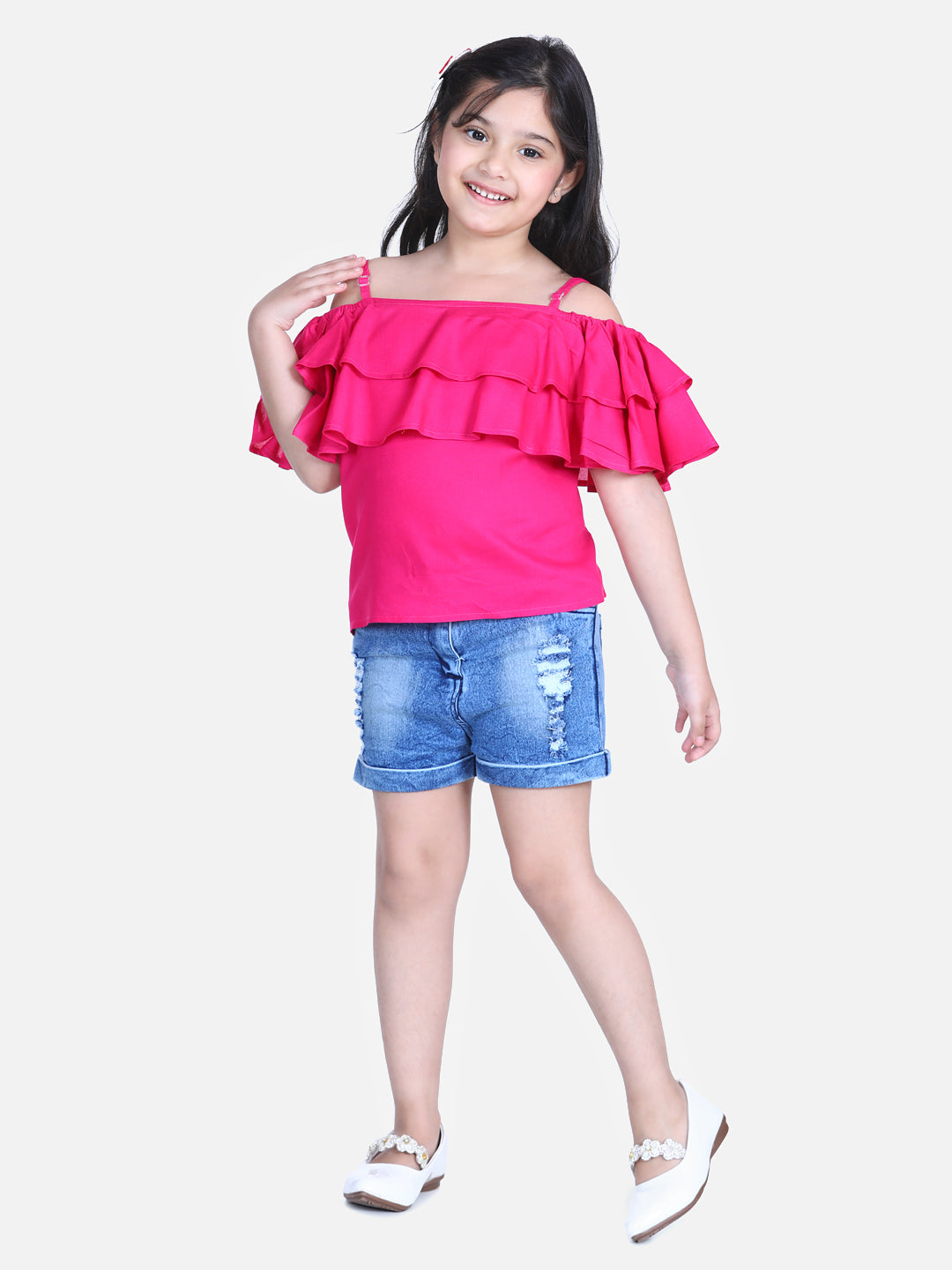 Girls Fuchsia Pink Cold Shoulder Top with Denim Shorts