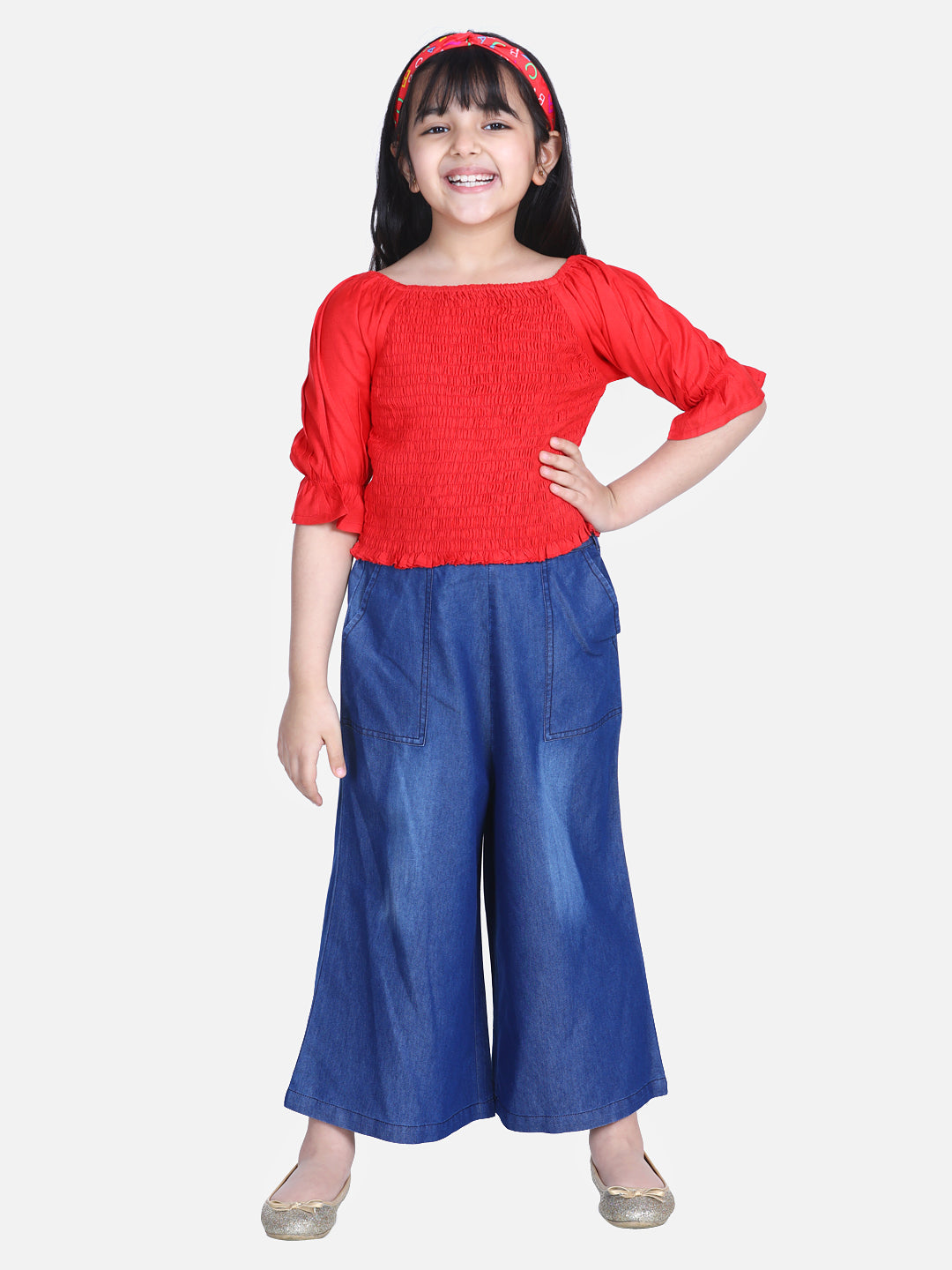 Girls Red Smocked Top with Denim Culottes