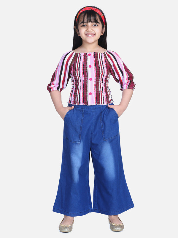 Girls Striped Smocked Top with Denim Culottes