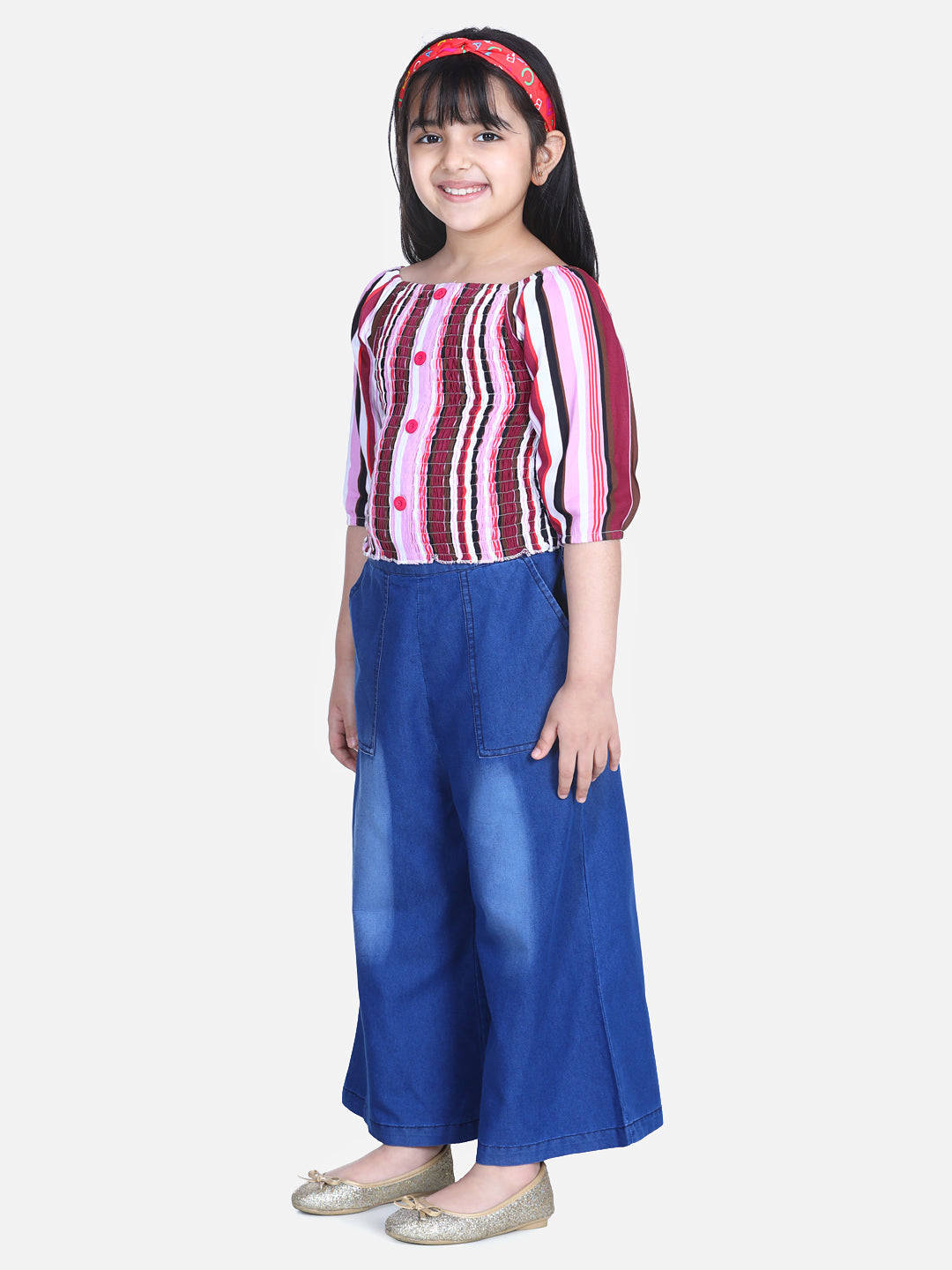 Girls Striped Smocked Top with Denim Culottes