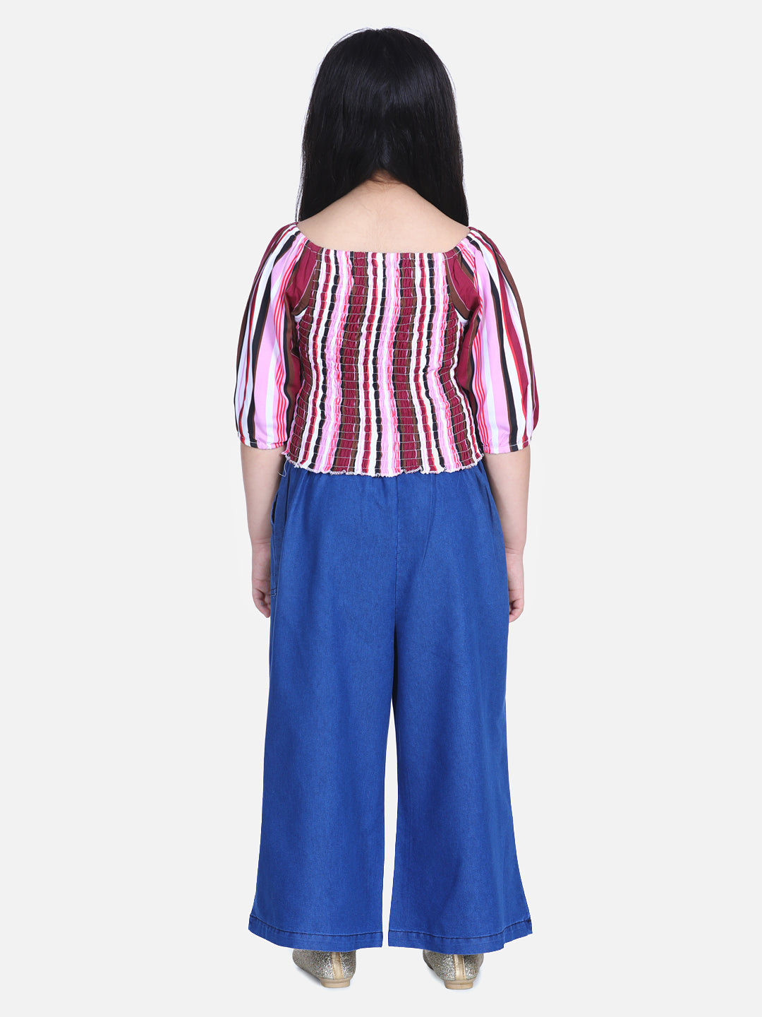Girls Striped Smocked Top with Denim Culottes