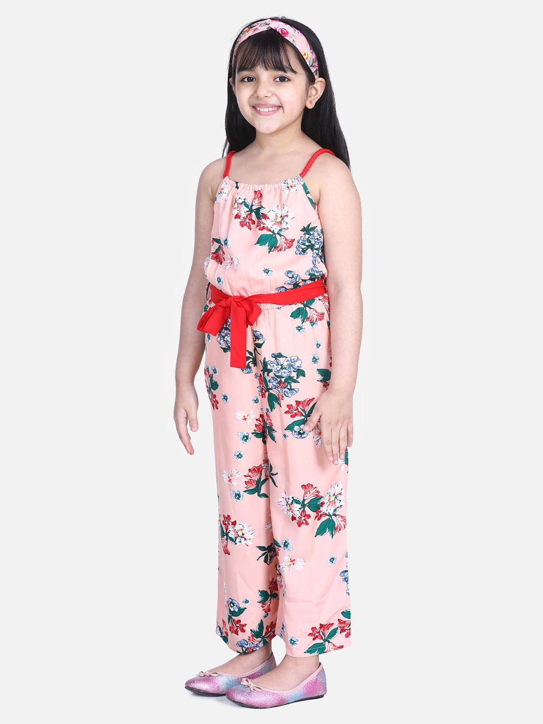 Girls Floral Print Jumpsuit with Braided Shoulder Straps