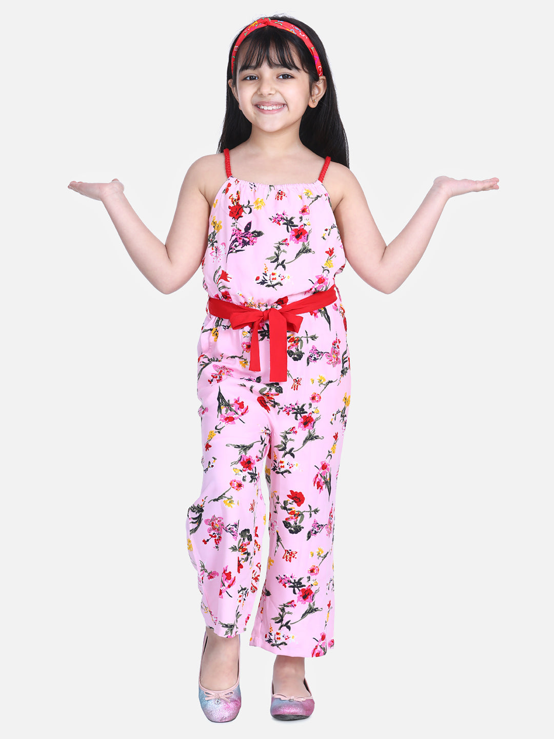 Girls Floral Print Jumpsuit with Braided Shoulder Straps