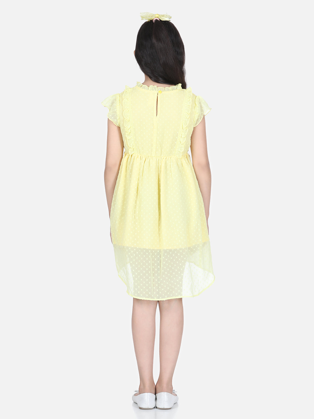 Girls Lemon Yellow Self Detail Dress with Lace Inserts