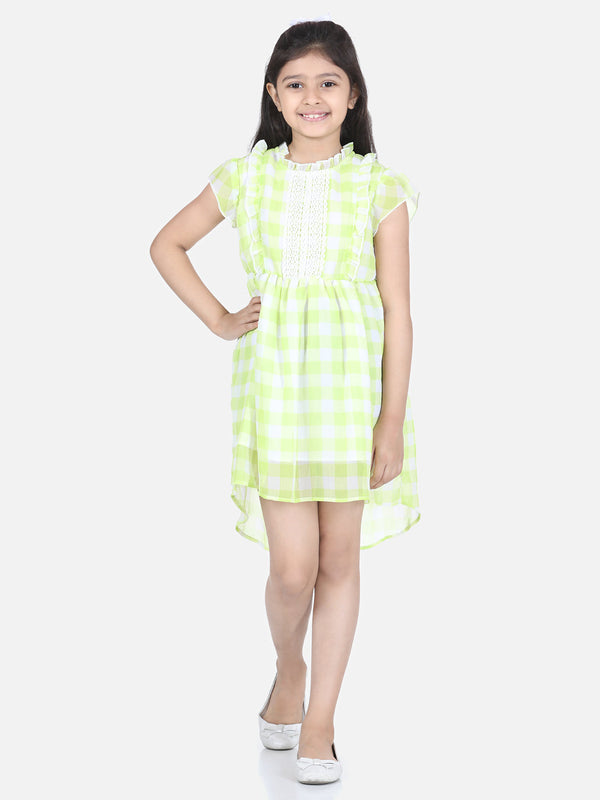 Girls Light Green Self Detail Dress with Lace Inserts