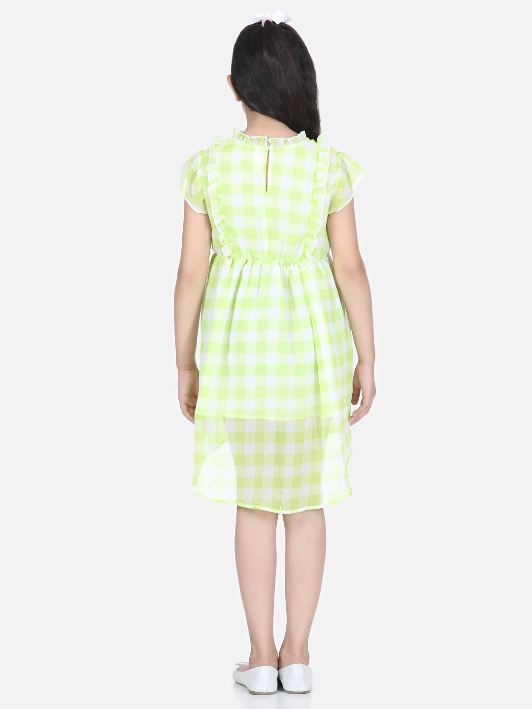 Girls Light Green Self Detail Dress with Lace Inserts