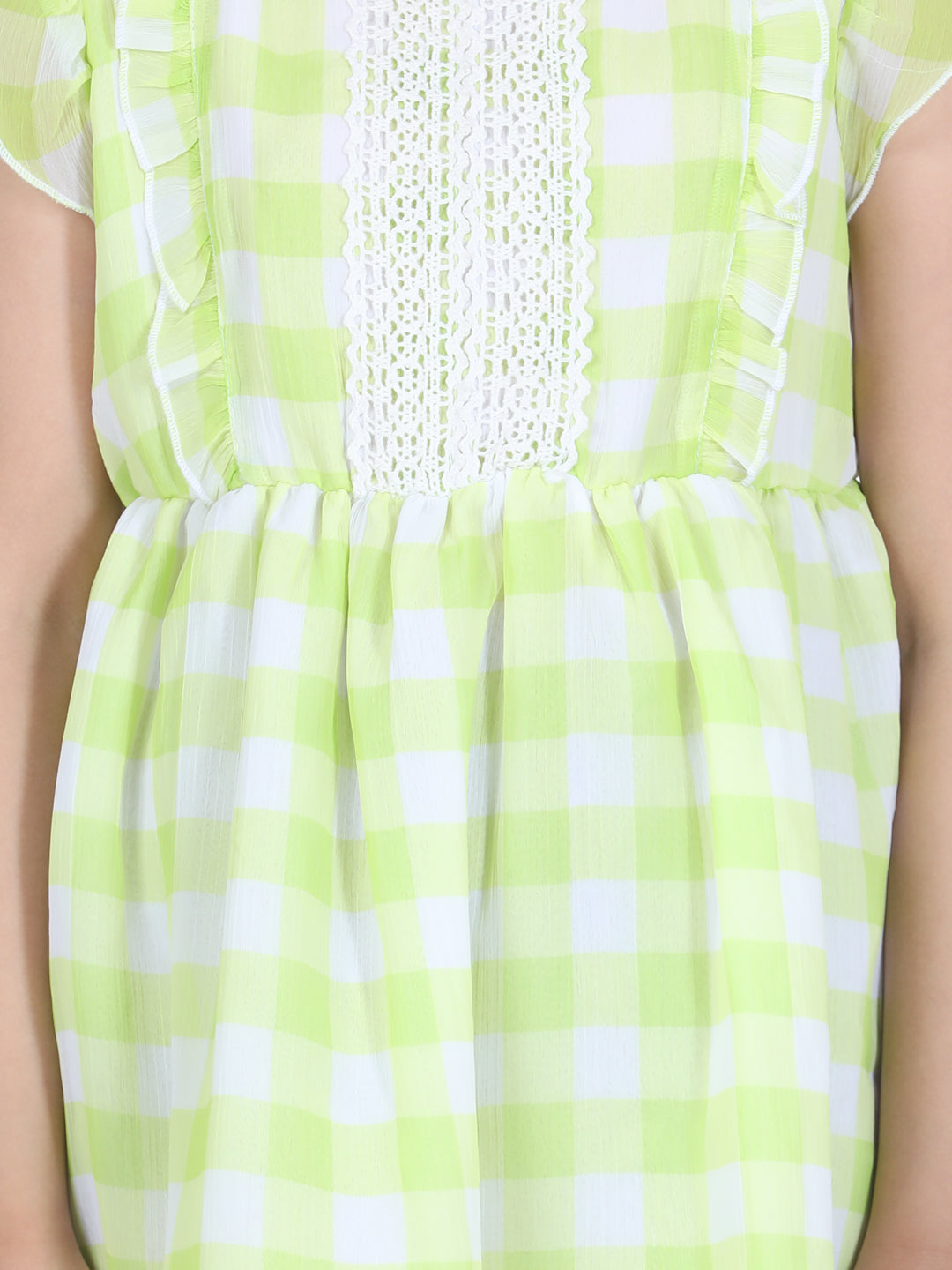 Girls Light Green Self Detail Dress with Lace Inserts