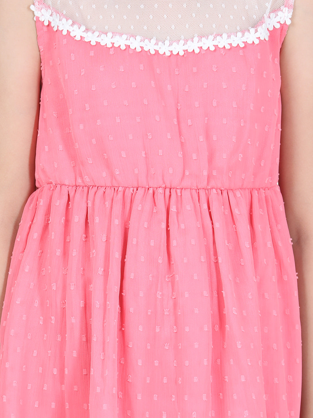 Girls Coral Pink Polyester Self Design Dress with Net and Lace Inserts