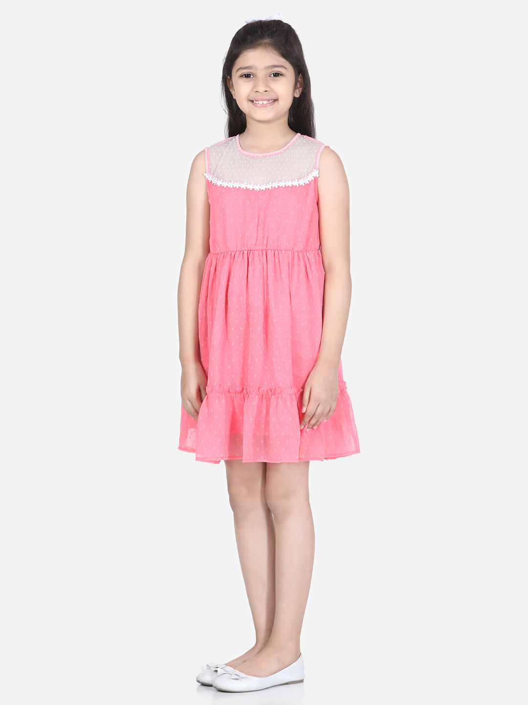 Girls Coral Pink Polyester Self Design Dress with Net and Lace Inserts