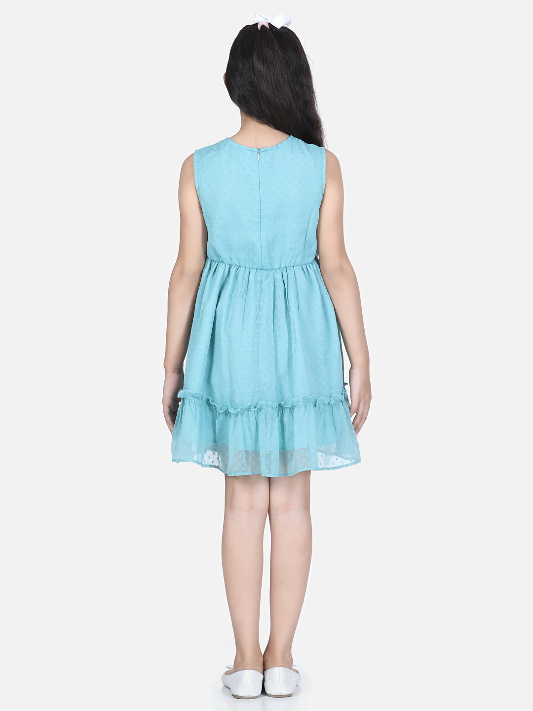 Girls Blue Polyester Self Design Dress with Net and Lace Inserts