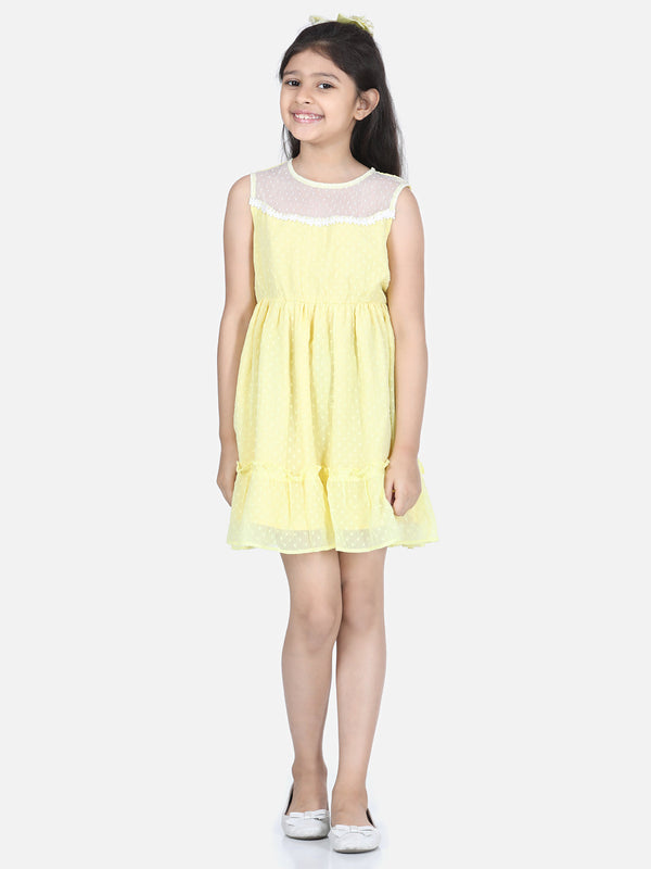 Girls Yellow Polyester Self Design Dress with Net and Lace Inserts